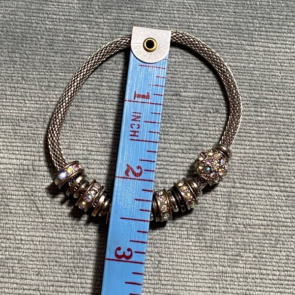 Macy’s mesh stretch bracelet with silver tone, rhinestones, floating beads EUC - Picture 3 of 9